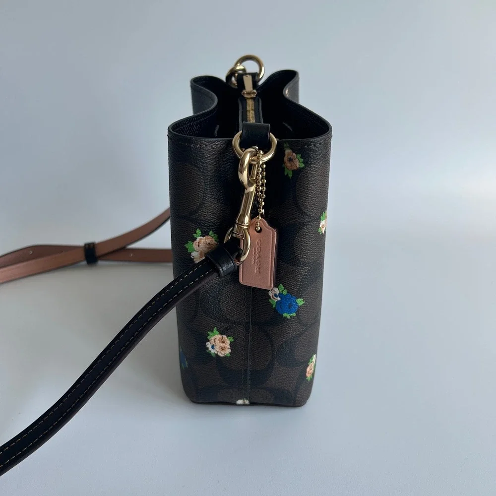 Coach Mini Town Bucket Bag Floral Brown Black Canvas C7270